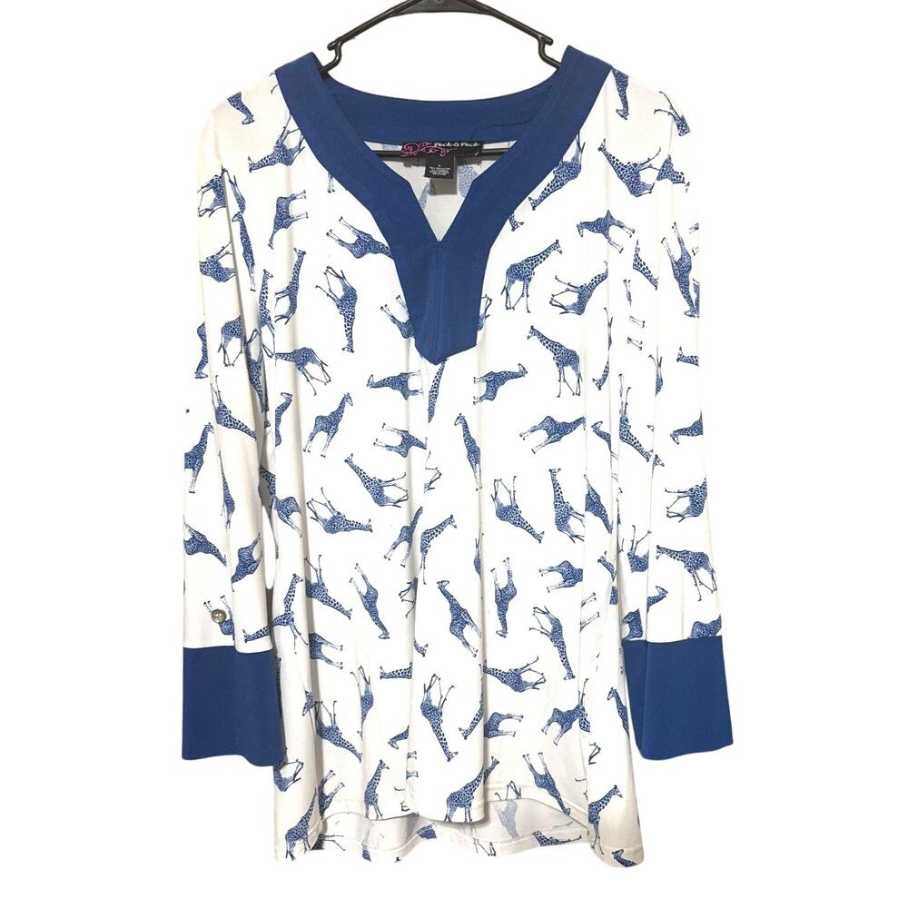 Peck & Peck Giraffe Shirt Womens Size Large royal‎ blue popover blouse stretch
